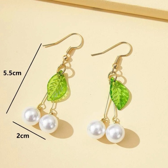 White Cherry Glamorous Faux Pearl & Leaf Drop Earrings - Picture 3 of 5